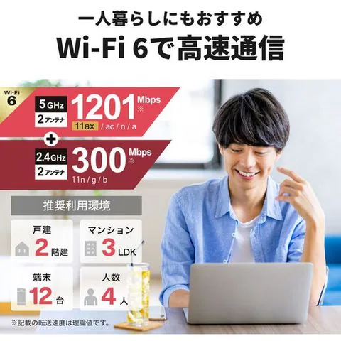 無線LAN親機 WiFiルーター 11ax/ac/n/a/g/b 1201+300Mbps WiFi6/Ipv6対応