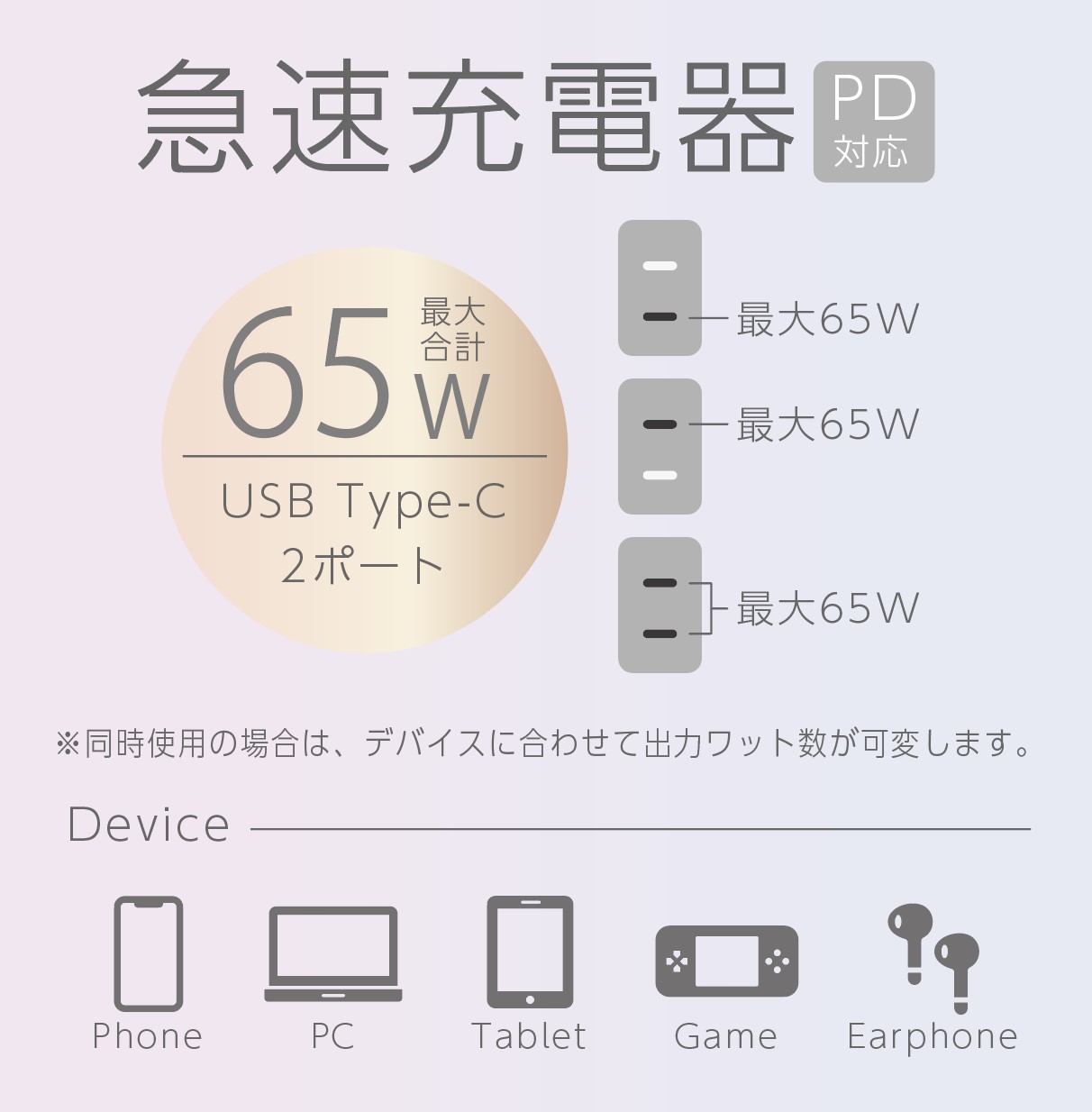 ></p> <div class=description>一般的な充電器では、ノートパソコンが充電されなかったり、充電速度が遅くなりますが、「Type-C 2ポート充電器/65W」であればスマートフォンとノートパソコンどちらも急速で充電できます。<br> 仕事でパソコンとスマートフォンを同時に充電したい方へ最適です。 </div> <p class=single><img src=https://shop.hikaritv.net/contents/shop/plala/campaign/d_cabinet/rich/2010124895_02.jpg alt=