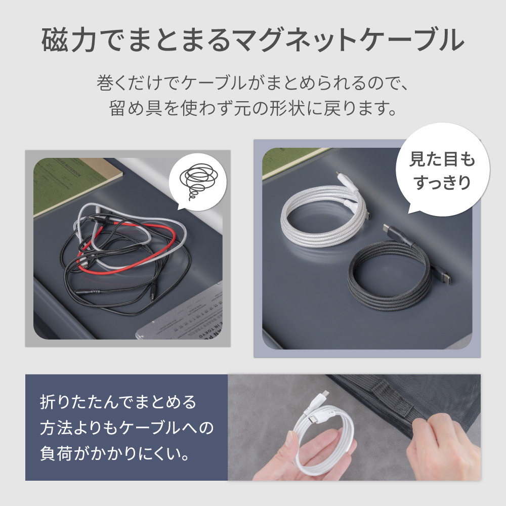  ></p>     <div class=description>本製品は磁力でかんたんにまとめられるマグネットケーブルです。ぐるぐると巻くだけでケーブルがまとめられるので、留め具を使わず形状記憶しているかのように収納できます。折りたたんでまとめる方法よりもケーブルへの負荷がかかりにくい点も特長です。</div>   </div>   <div class=pointPt02>     <p class=ttlTypeN ttl-c03  ttlFont-W>くっつきまとまる、アイデア次第で用途いろいろ</p>     <p class=single><img src=https://shop.hikaritv.net/contents/shop/plala/campaign/d_cabinet/rich/2010125655_02.jpg alt=