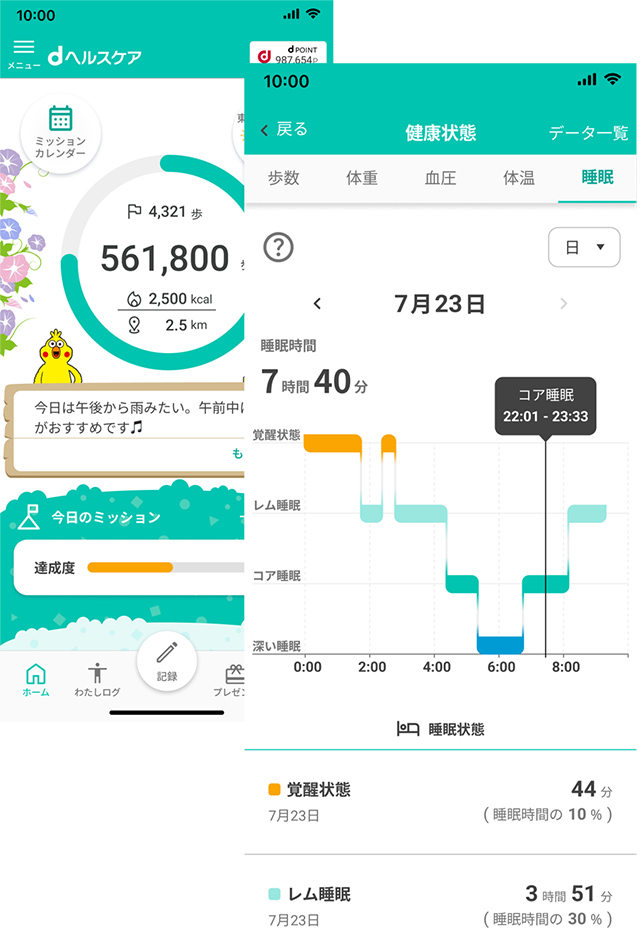  ></p>     <div class=description>dヘルスケア※2では、SOXAI RINGと連携し、睡眠データや歩数の記録・確認ができます※3。<br>同年代の平均睡眠時間との比較もでき、改善の参考として活用できます。<br>さらに睡眠改善の方法などの実用的な健康コラムやクイズを配信し、さまざまな健康ミッションをクリアすると抽選でdポイントやクーポンなどがもらえます。</div>   </div>   <div class=pointPt02>     <p class=ttlTypeN ttl-c03  ttlFont-W>■健康を管理し、生活の質（QoL）を見える化。日本発のヘルスケアリング</p>     <p class=single><img src=https://shop.hikaritv.net/contents/shop/plala/campaign/d_cabinet/rich/2010126290_02.jpg alt=