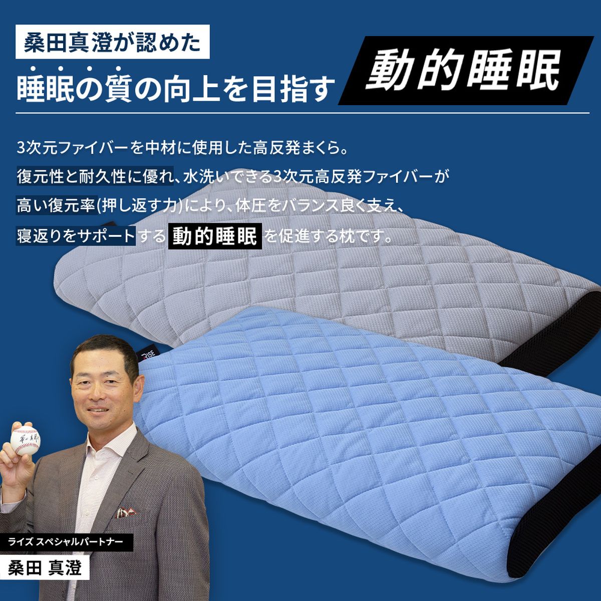 RISE Sleep Niceday 桑田真澄式 動的睡眠 高さ調整高反発ピロー 35×60cm ブルー