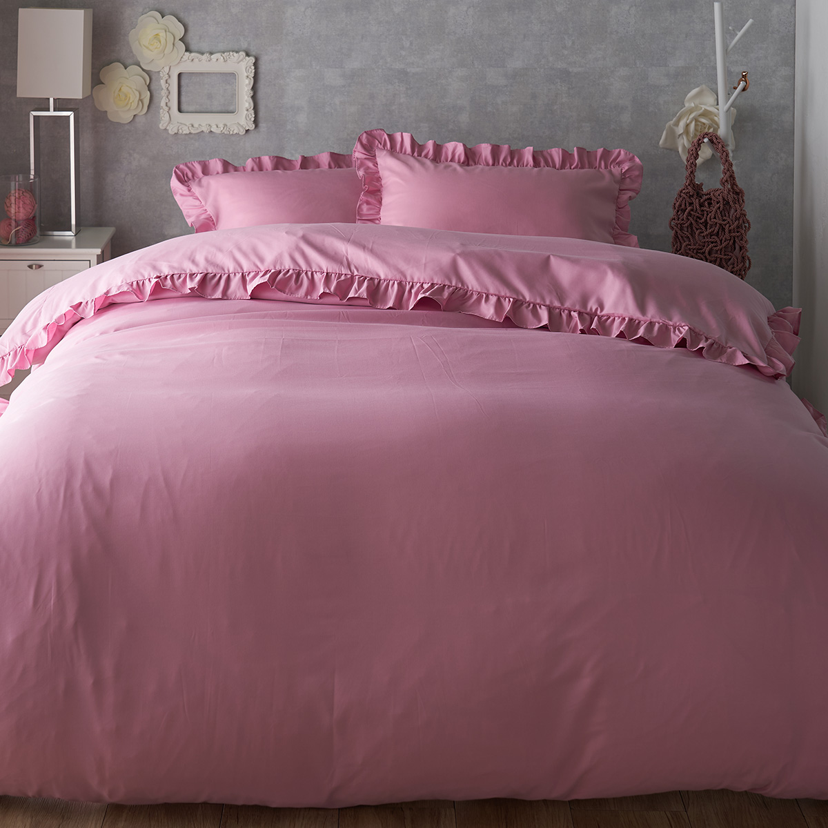 フリル付き布団カバー 4点セット（掛け・敷き・枕×2点） セミダブル ピンク