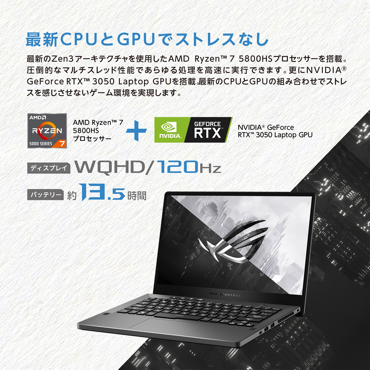 ゲーミングノート ROG Zephyrus G14 14型 Ryzen7 16GB SSD512GB RTX 3050 ムーンライトホワイト