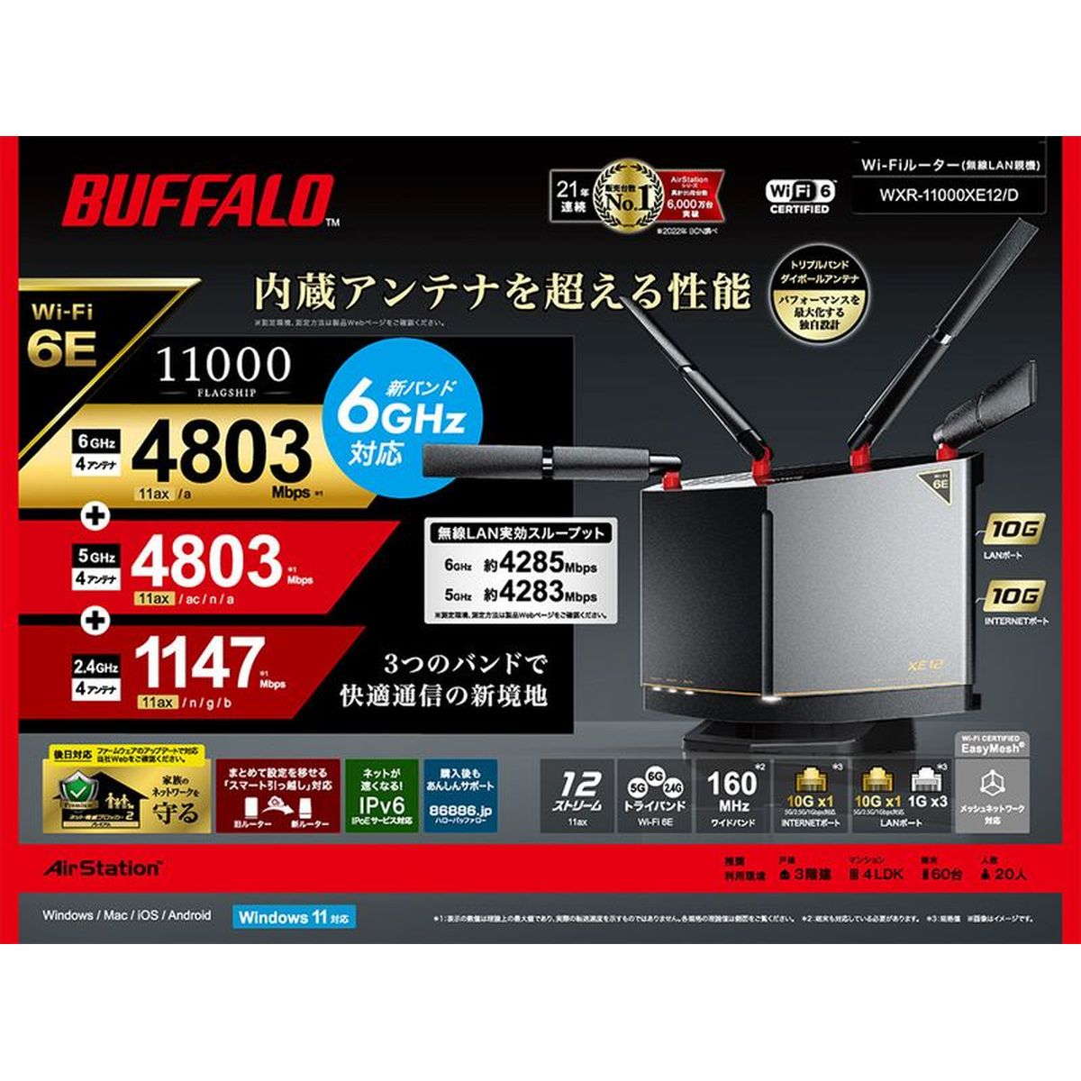 バッファロー「WXR-11000XE12」、Wi-Fi 6E 12ストリームに10Gbps
