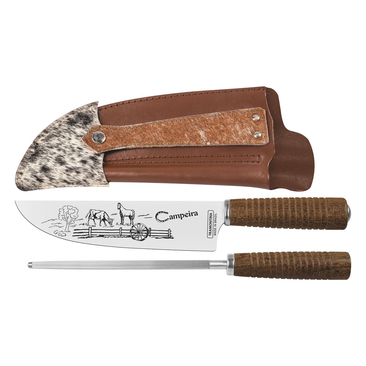 木柄バーベキューナイフ ナイフシャープナーセット ケース付き 刃渡り 20cm ダークブラウン ブラジル製