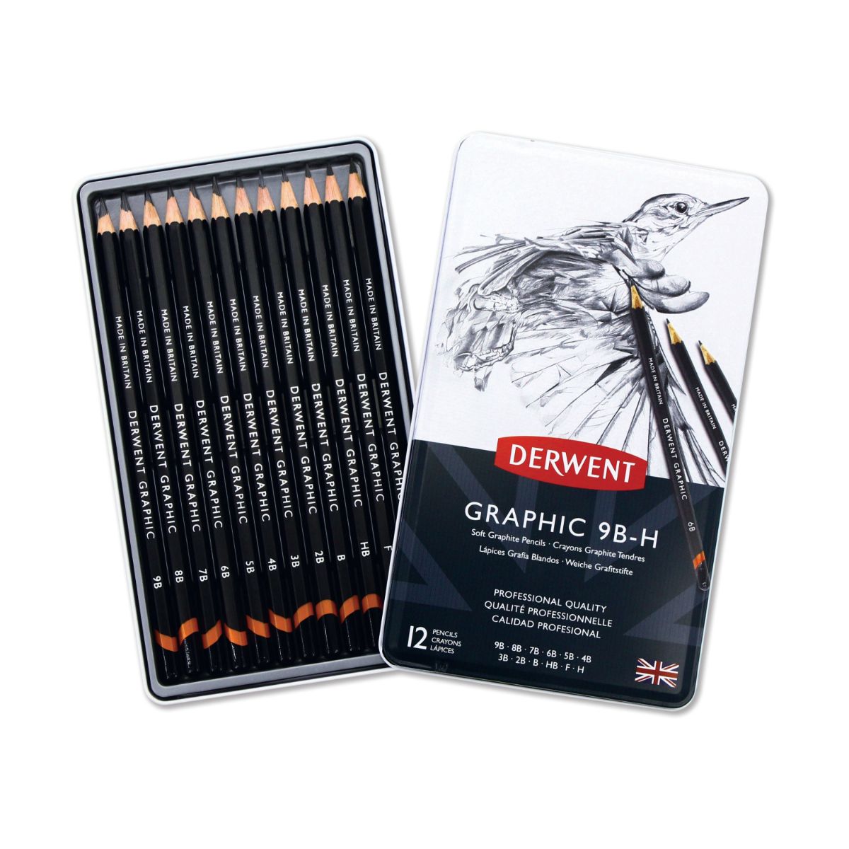 ダーウェント グラフィック ソフト スケッチング 12種セット 9B-H メタルケース 文具 高級色鉛筆 製図・デッサン向け イギリス製