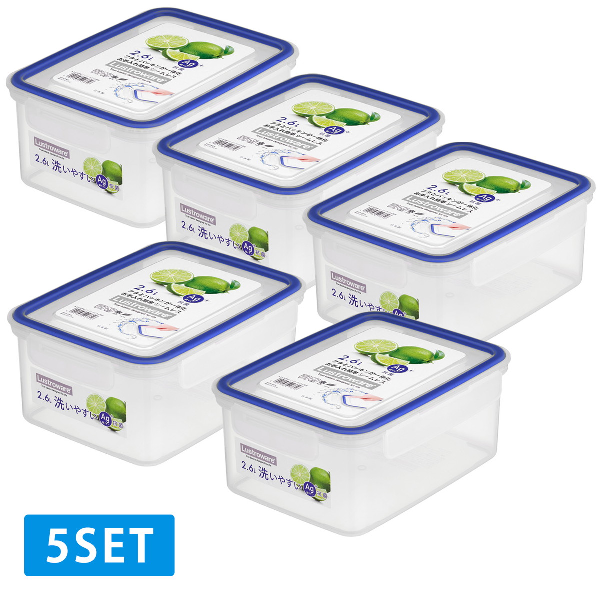 イージーケア2.6L深型 5点組 保存容器 角型 抗菌 食洗器対応 日本製