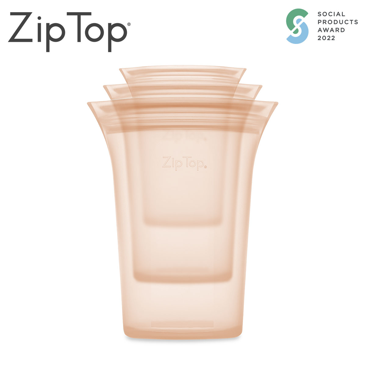 ZipTop お得カップ3点セット(Ｓ・Ｍ・Ｌサイズ)  シリコン製保存容器 食洗機対応 ピーチ