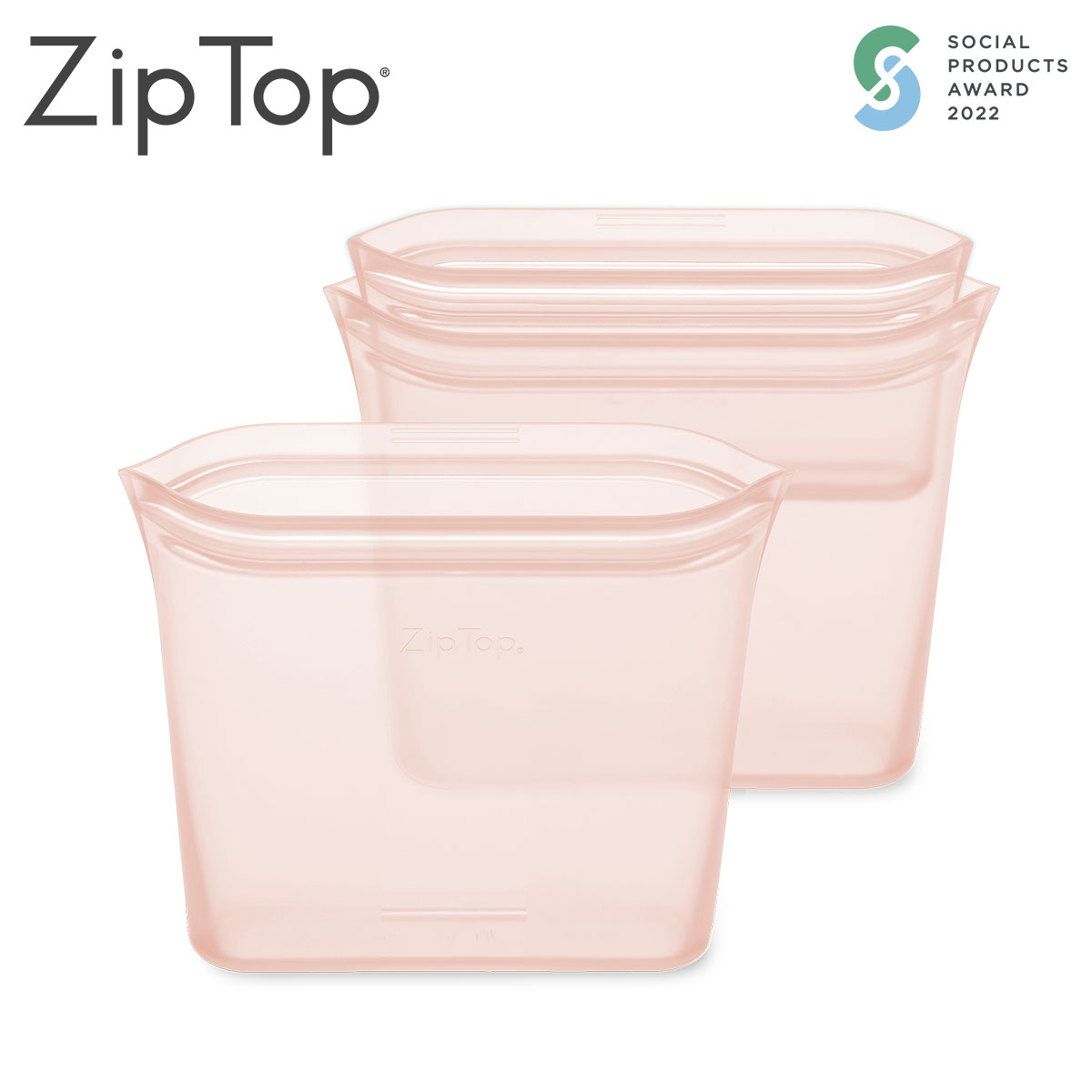 ZipTop お得バッグ サンドイッチ3点セット(Ｓ・Ｍ・Ｌサイズ) シリコン製保存容器 食洗機対応 ピーチ