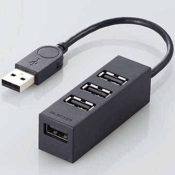 USB2.0ハブ/バスパワー/4ポート/10cm/ブラック