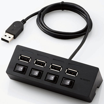 USB2.0ハブ/スイッチ/バスパワー/4ポート/100cm/ブラック