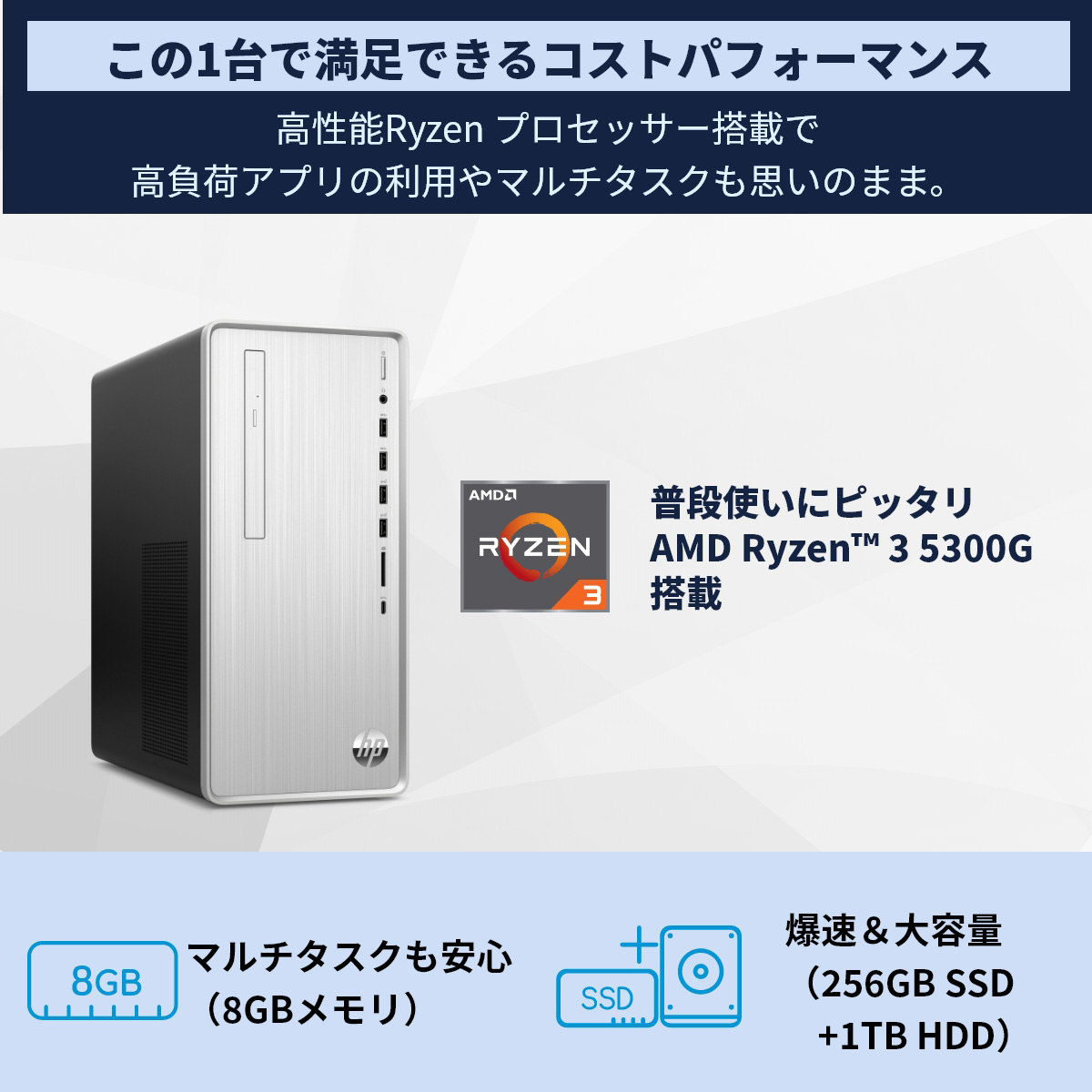 ひかりＴＶショッピング | Pavilion Desktop TP01 Ryzen3 8GB SSD256GB+HDD1TB デスクトップパソコン  ナチュラルシルバー 52M17PA-AAAA｜HP